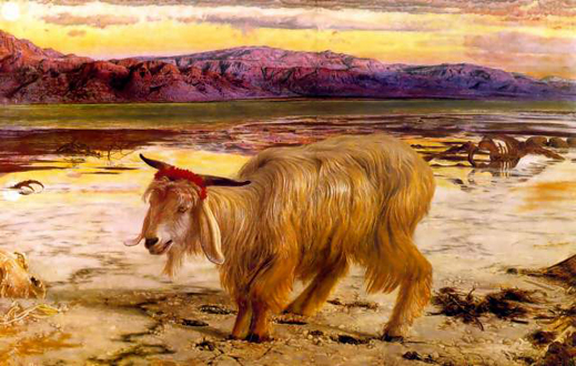 The Scapegoat by William Holman Hunt, 1854.  Hunt had this framed in a picture with the quotations "Surely he hath borne our Griefs and carried our Sorrows; Yet we did esteem him stricken, smitten of GOD and afflicted." (Isaiah 53:4) and "And the Goat shall bear upon him all their iniquities unto a Land not inhabited." (Leviticus 16:22)